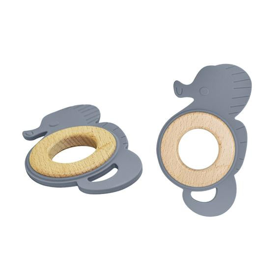 Beißring aus Silikon und Buchenholz in Seepferdchenform