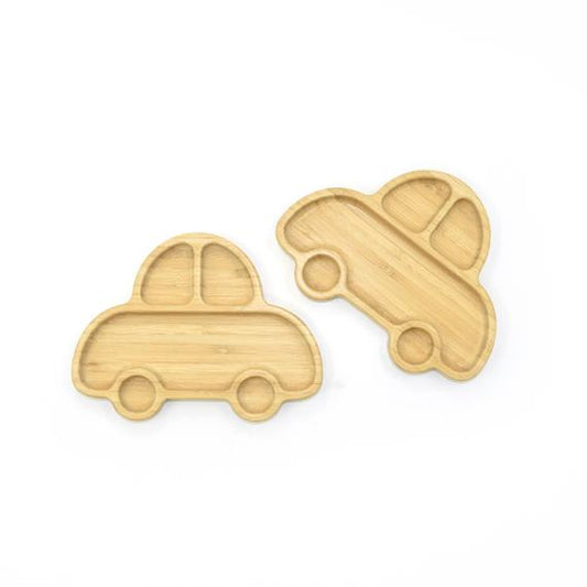 Car-Shaped Bamboo Plate with Blue-Grey Silicone Suction Base