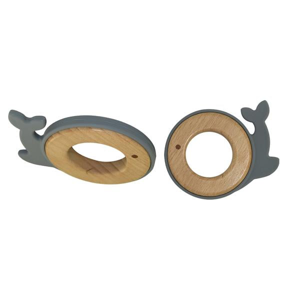 Beißring aus Silikon und Buchenholz in Walform