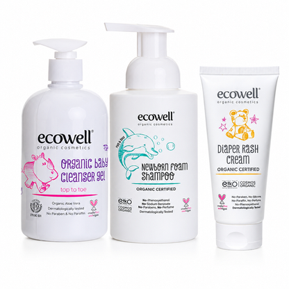 Ecowell Neugeborenen-Set (Shampoo, Baduschgel, Wundschutzcreme gegen Windeldermatitis)
