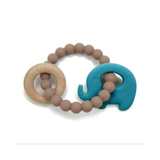Beaded Elephant Teether Made of Silicone and Untreated Wood - Blue