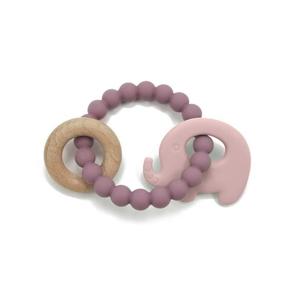 Perlen-Elefanten-Beißring aus Silikon und unbehandeltem Holz - Rosa