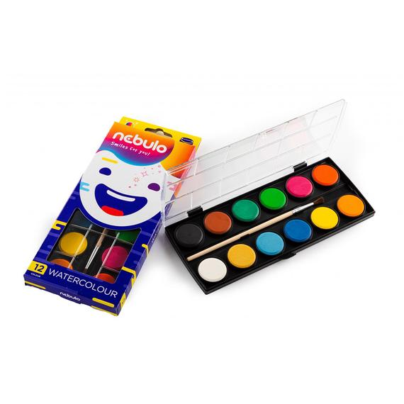 NEBULO Watercolor Paint Set with Brush (12 pcs, 23 mm)