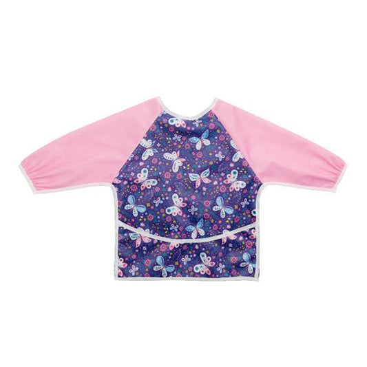 Butterfly-patterned Washable Long Sleeve Bib - Pink