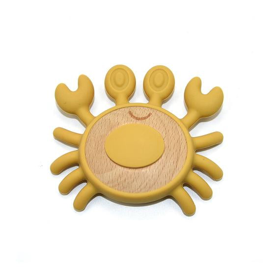 Beißring aus Silikon und Buchenholz in Krabbenform