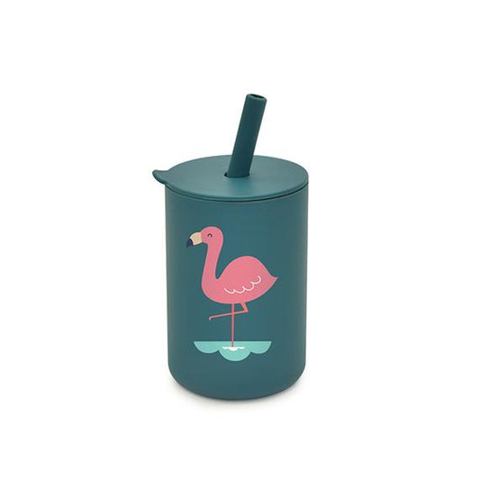Flamingo-patterned Silicone Cup with Straw