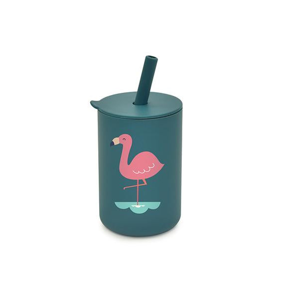 Silikonbecher mit Flamingo-Muster und Strohhalm