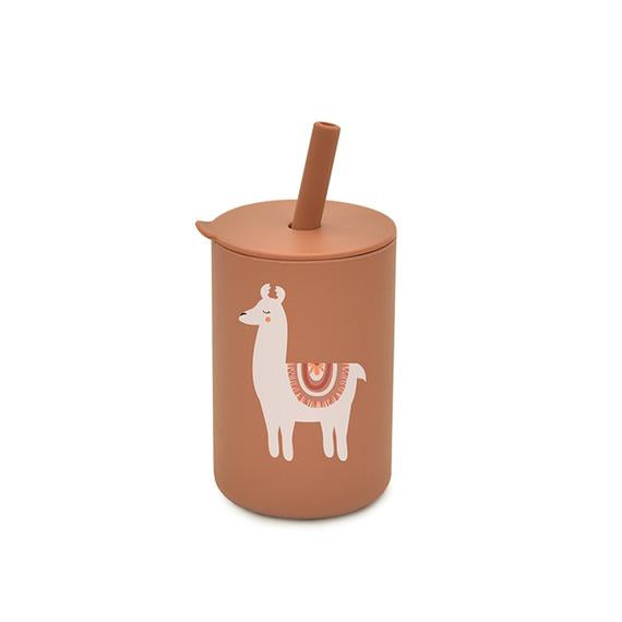 Silikonbecher mit Strohhalm und Lama-Muster