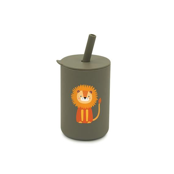 Silikonbecher mit Löwenmuster und Strohhalm
