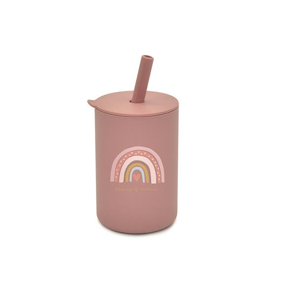 Silikonbecher mit Regenbogenmuster und Strohhalm