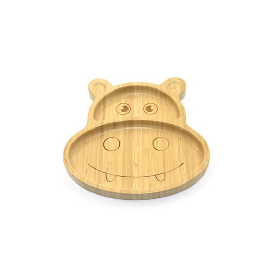 Hippo-Shaped Bamboo Plate with Silicone Suction Base